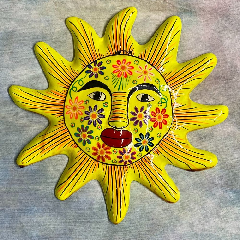 Mexican Talavera Style Hand Painted Pottery Sun Face Wall Hanging